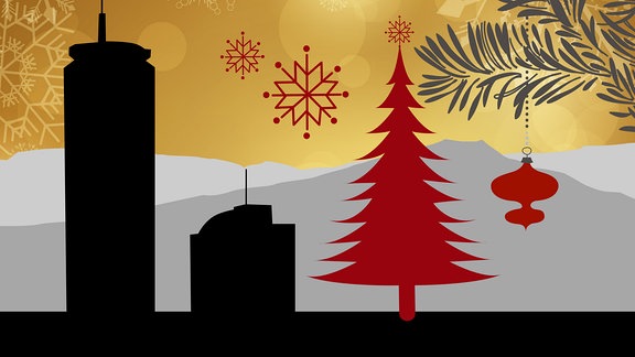 Silhouette des JenTowers in Jena umrahmt von weihnachtlichen Motiven