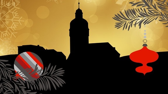 Silhouette der Lauschaer Stadtkriche umrahmt von weihnachtlichen Motiven 