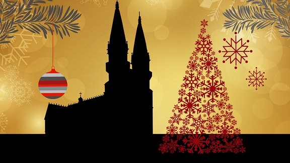 Silhouette der Meininger Stadtkirche umrahmt von weihnachtlichen Motiven 