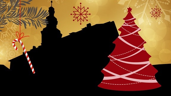 Silhouette des Rathauses in Nordhausen umrahmt von weihnachtlichen Motiven  