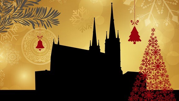 Silhouette der Saalfelder Kirche umrahmt von weihnachtlichen Motiven 