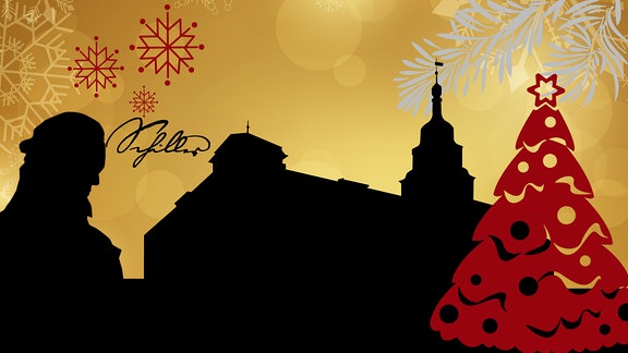 Silhouette des Rudolstädter Rathauses sowie Schiller-Kopfes umrahmt von weihnachtlichen Motiven  