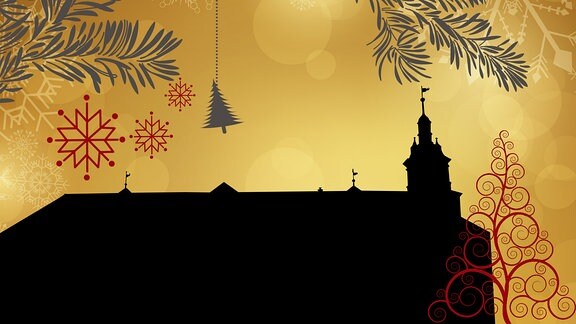  Silhouette des Schlosses Wilhelmsburg umrahmt von weihnachtlichen Motiven  