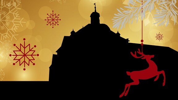 Silhouette des Suhler Rathauses umrahmt von weihnachtlichen Motiven 