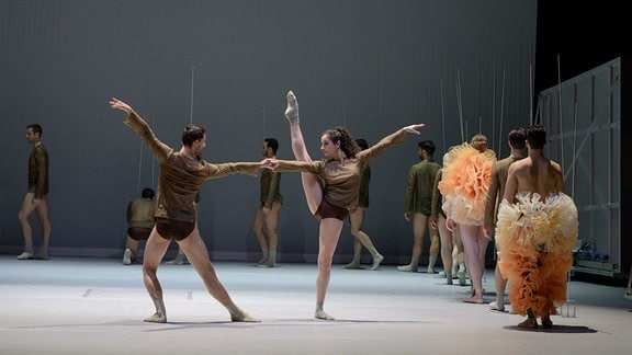 Ballettszene, eine Tänzerin streckt ihr Bein gerade bis über den Kopf.