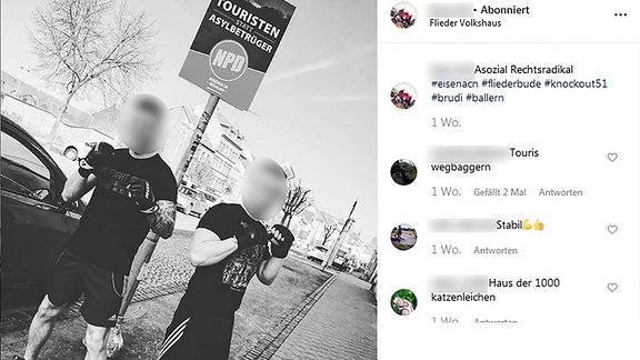 Instagram-Post mit Foto Zwei Männer stehen in Boxhaltung vor einem NPD-Wahlplakat. - Benutzer kommentieren