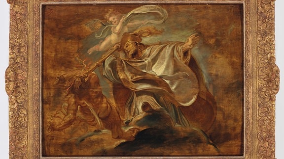 Eine Skizze von Peter Paul Rubens in der der heilige Gregorius von Nazianz dem Teufel einen Bischofsstab in den Rachen rammt