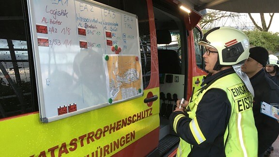 Einsatzkräfte der Feuerwehr während einer Katastrophenschutzübung auf der Wartburg.