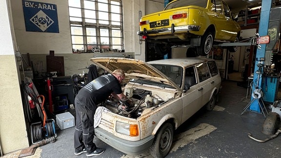 Mann hantiert im Motorraum eines Warburg.