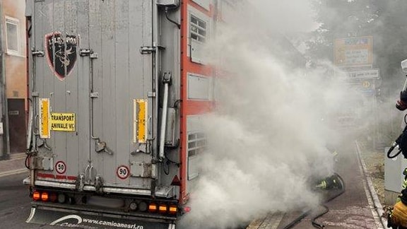 Feuerwehrmann beim Löschen eines Tiertransporters