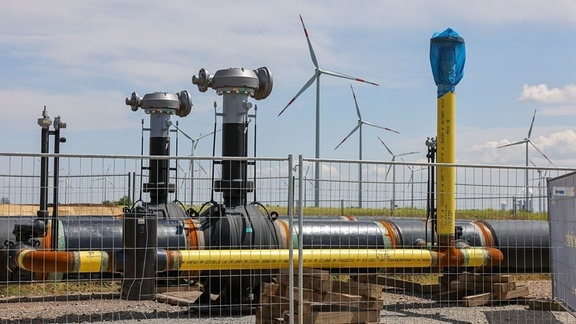 Die Rohre einer künftigen Wasserstoffleitung liegen vor der Kulisse eines Windparks. 