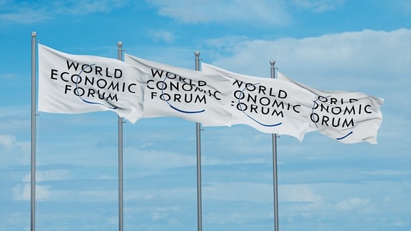 Flaggen mit Aufschrift 'World Economic Forum' vor blauem Himmel