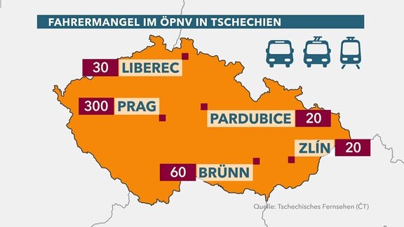 Auf einer Karte ist markiert, wie viele Straßenbahnfahrerinnen und Straßenbahnfahrer in Tschechien fehlen. Spitze ist Prag mit 300 fehlenden Fahrern, in Brünn sind es 60. In Pardubice und Zlin sind es immerhin noch 20.