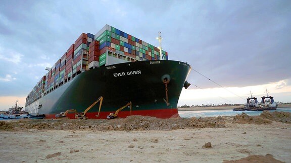 Das Containerschiff Ever Given hat sich im Suezkanal festgefahren