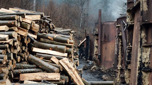 Holzstapel links im Bild, rechts Kohleöfen