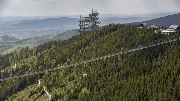 Seitlicher Blick auf die kürzlich eröffnete, längste Fußgänger-Hängebrücke im tschechischen Dolni Morava