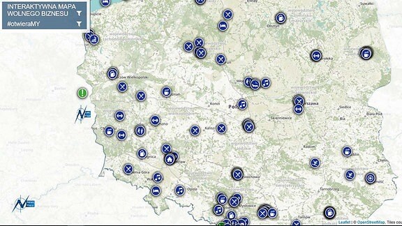 Eine Karte von Polen auf der Unternehmer verzeichnet sind. 