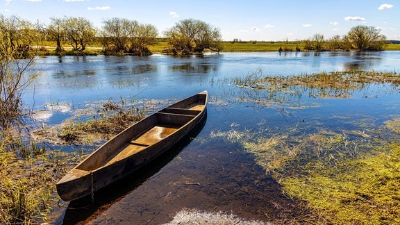 Ein Holzboot auf einem See