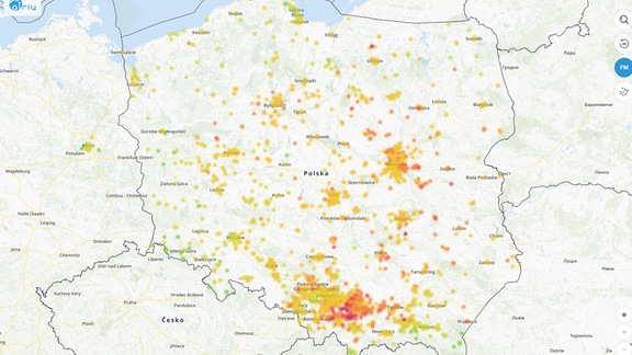 BU Karte von Polen mit den aktuellen Feinstaubbelastungen airly
