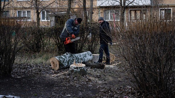 Bewohner von Bachmut fällen 2022 Bäume um im Winter zu heizen.