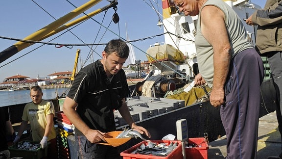 Ein Fischer verkauft in Nessebar seine frisch gefangenen Fische direkt aus dem Fischerboot an die Kunden.