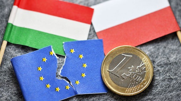 Angerissene EU-Fahne und Fahnen von Ungarn und Polen mit Euromünze,