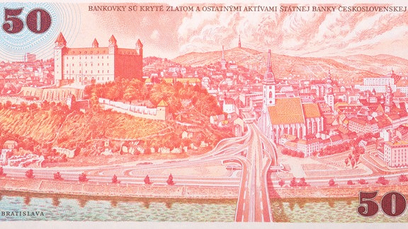 Ansicht von Bratislava auf einer 50 Kronen Banknote der Slowakei