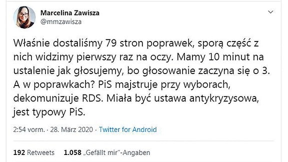 Twitteraccount von Marcelina Zawisza, polnische Abgeordnete 