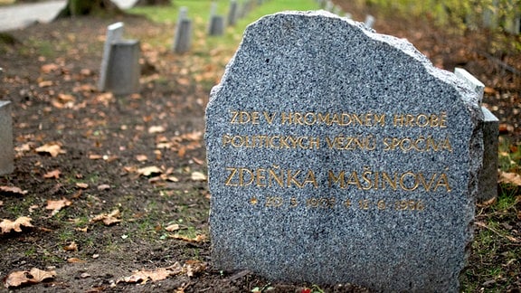 Ein Gedenkstein mit Granitmaserung steht auf einem Grab. Die Aufschrift in goldenen Lettern auf Tschechisch: «Hier im Massengrab ruht die politische Gefangene Zdenka Masinova».