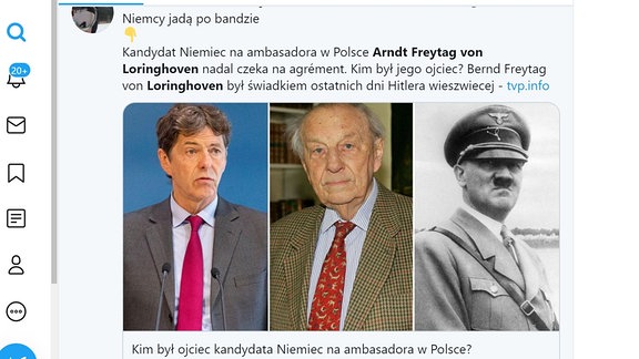 Die Bilder des künftigen deutschen Botschafters in Polen, Arndt Freytag von Loringhoven, dessen Vater und Adolf Hitler nebeneinander auf Twitter. 