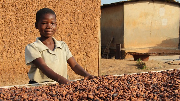 Ein Mädchen trocknet in der Sonne Kakaobohnen