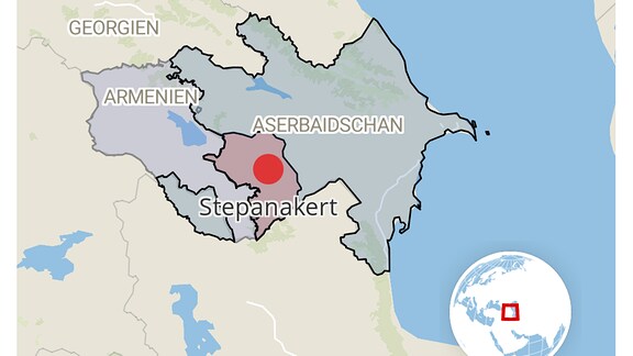 Landkarte: Die Unruheregion Berg-Karabach liegt zwischen Armenien und Aserbaidschan – beide Länder sind miteinander verfeindet.
