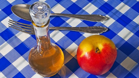 Gabel, Löffel, Essig und ein Apfel auf blau-weiß-karierter Tischdecke