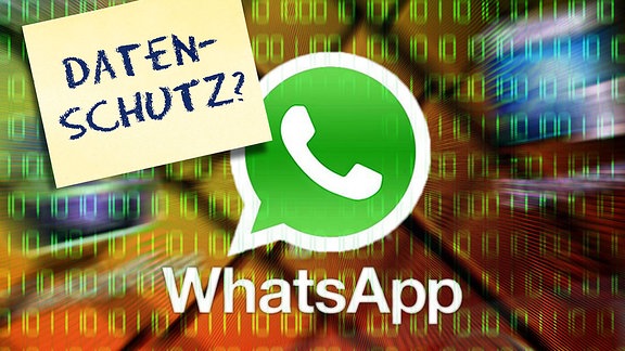 App von WhatsApp auf einem Smartphone mit einem Notizzettel und der Aufschrift Datenschutz?