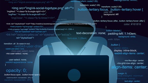 Illustration - Hacker sitzt vor Computer, um ihn herum "schweben" Begriffe aus dem Quellcode einer Website.