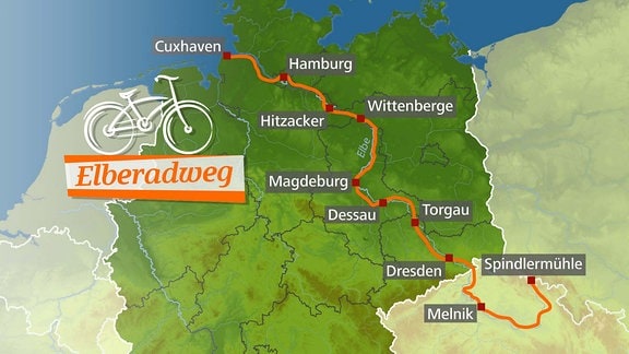 Die Karte zeigt eine Fahrradroute durch Deutschland.