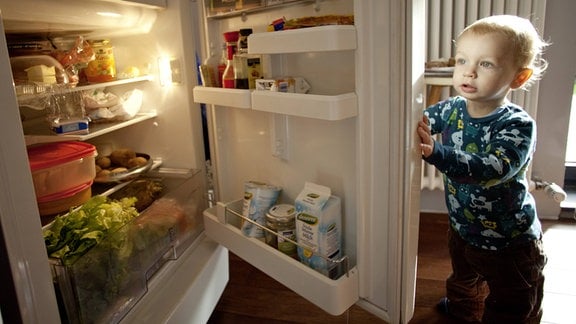 Kleines Kind guckt in den Kühlschrank.