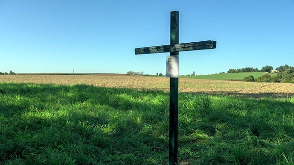 Ein grünes Holzkreuz auf einem Feld.  