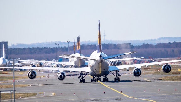 Lufthansa-Maschinen stehen in Reihe auf dem Rollfeld