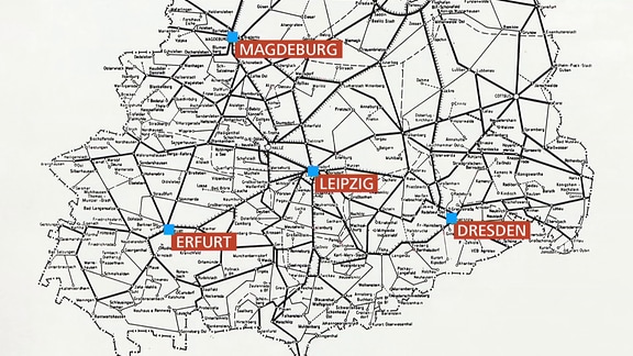 Eine Karte zeigt das mitteldeutsche Schienennetz zu DDR-Zeiten.