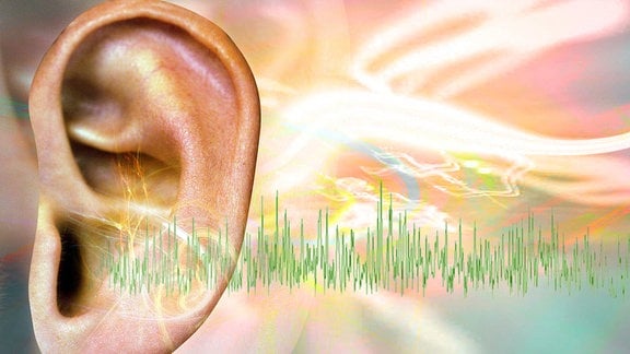 Ein Ohr, aus dem eine Tonfrequenz erscheint, ist von bunten Lichteffekten umgeben. 