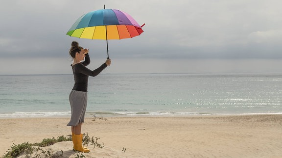 Frau mit langärmliger Kleidung und Sonnenschirm am Strand
