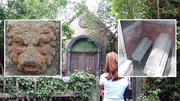 Sinti-Mausoleum in Osendorf: eine Collage aus drei Bildern - eine Außenaufnahme, Detailaufnahme eines Steins in Löwenkopfform und ein Foto mit 3 Särgen