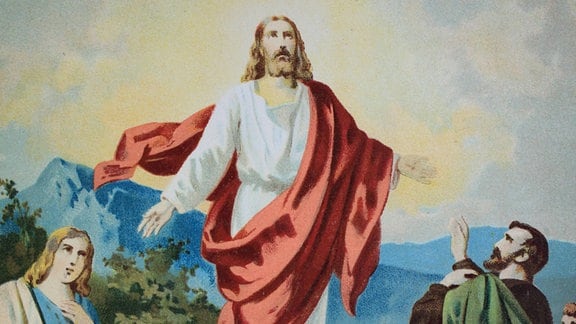 Christi Himmelfahrt, Chromolithographie aus einer Hausbibel, ca. 1870