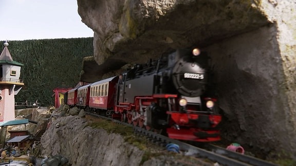 Miniaturzug mit Lokomotive fährt auf einer Gartenbahn.