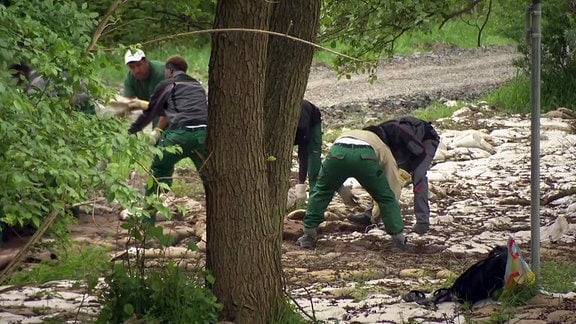 Gruppe Männer bei der Sandsackberäumung