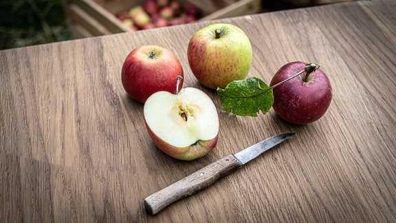 Frisch geerntetes Obst liegt teilweise durchgeschnitten auf einer Holzplatte. 