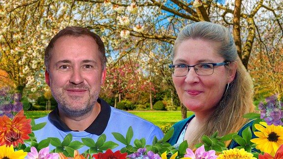 Montage mit einem Mann und einer Frau vor einem frühlingshaften Hintergrund