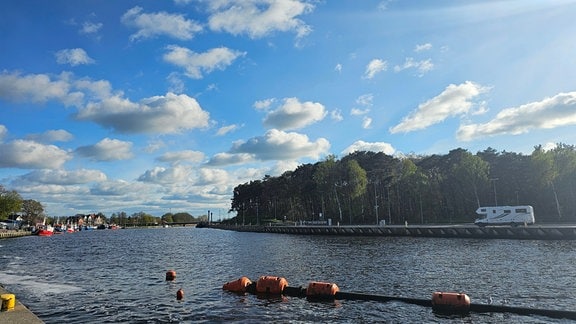 Ostsee Mrzeżyno: Blick aufs Wasser, Bojen im Vordergund, im Hintergrund Wald