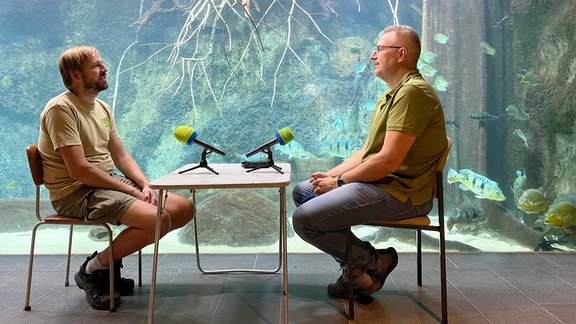 Zwei Männer an einem Tisch mit Mikrofonen. Im Hintergrund ein Aquarium.